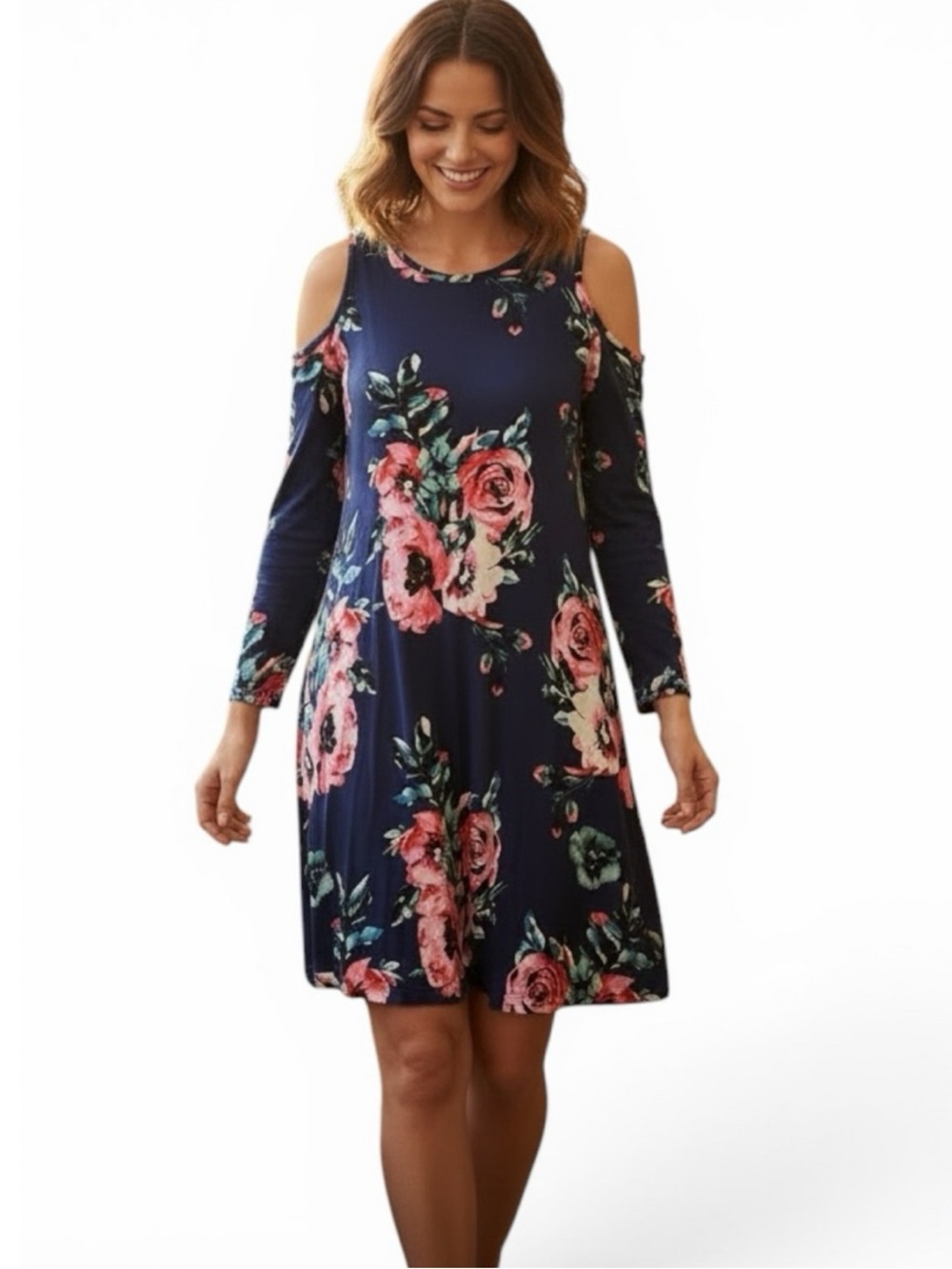 No Label Cold-Shoulder Floral Swing Dress in Navy and Pink Sz S | GUC